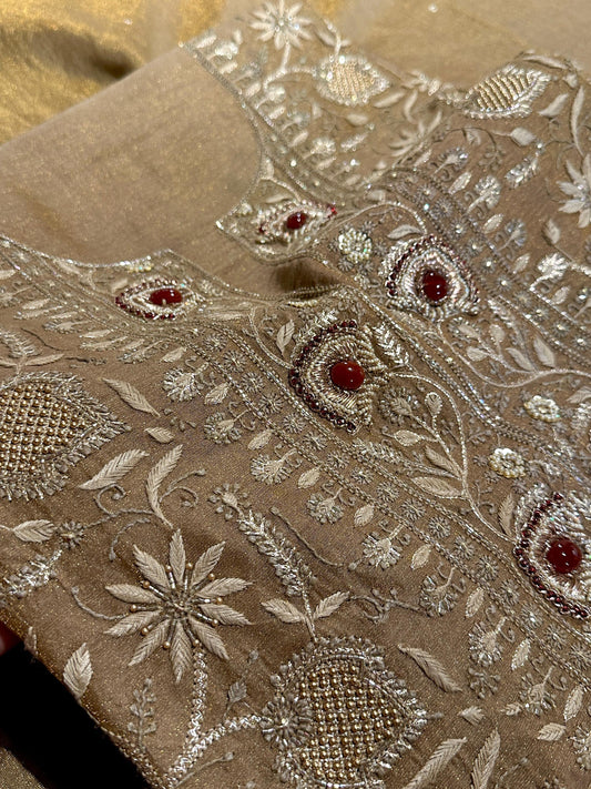 Rust Brown Stone Work Tissue Silk Chikankari Unstitched Fabric
