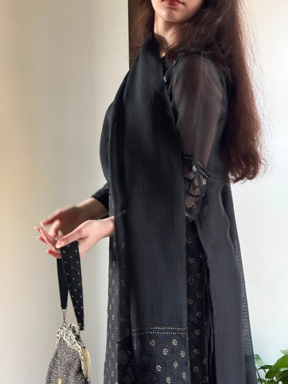 Black Kosha Mukaish Kamdani Noor Organza Chikankari Kurta Set