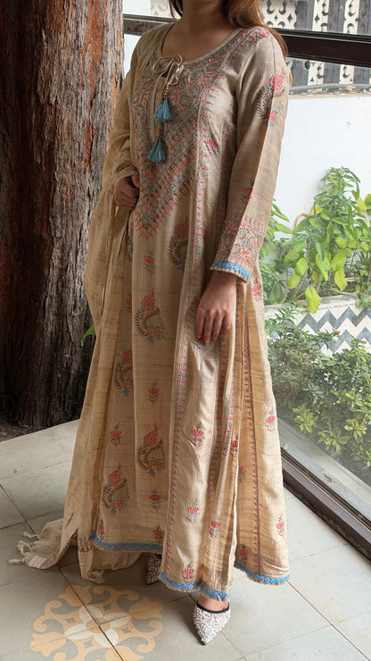Basak Blue & Peach Natural Tussar Silk Kalidar Chikankari Kurta Set