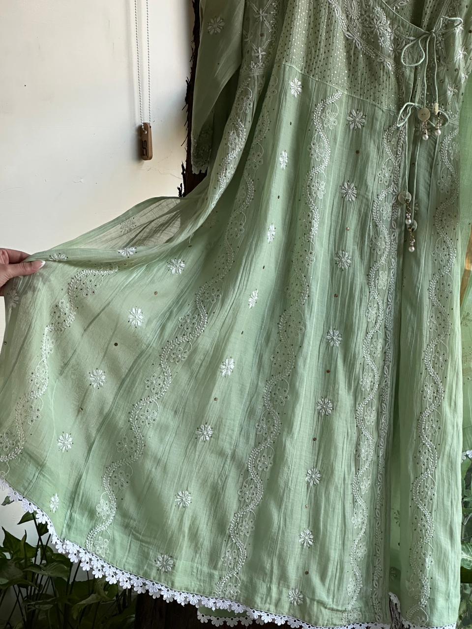 Mint Green Shade Malmal Mukaish Kamdani Chikankari Kalidar Angarkha