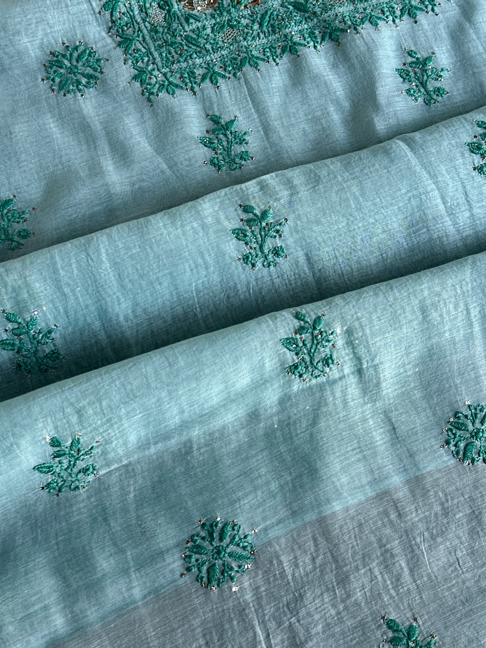 Blue Shade Mal Cotton Chikankari Unstitched Kurta Dupatta Fabric With Mukaish Badla