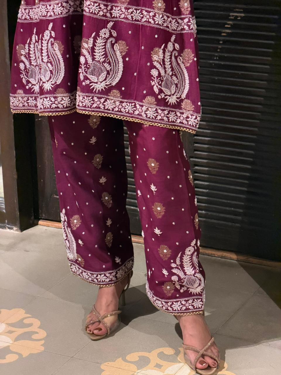 Plum Purple Zari Chanderi Chikankari Co-Ord Set