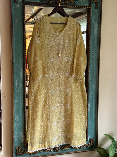 Yellow Shade Malmal Pearl White Chikankari Ready to Wear Kurta Set