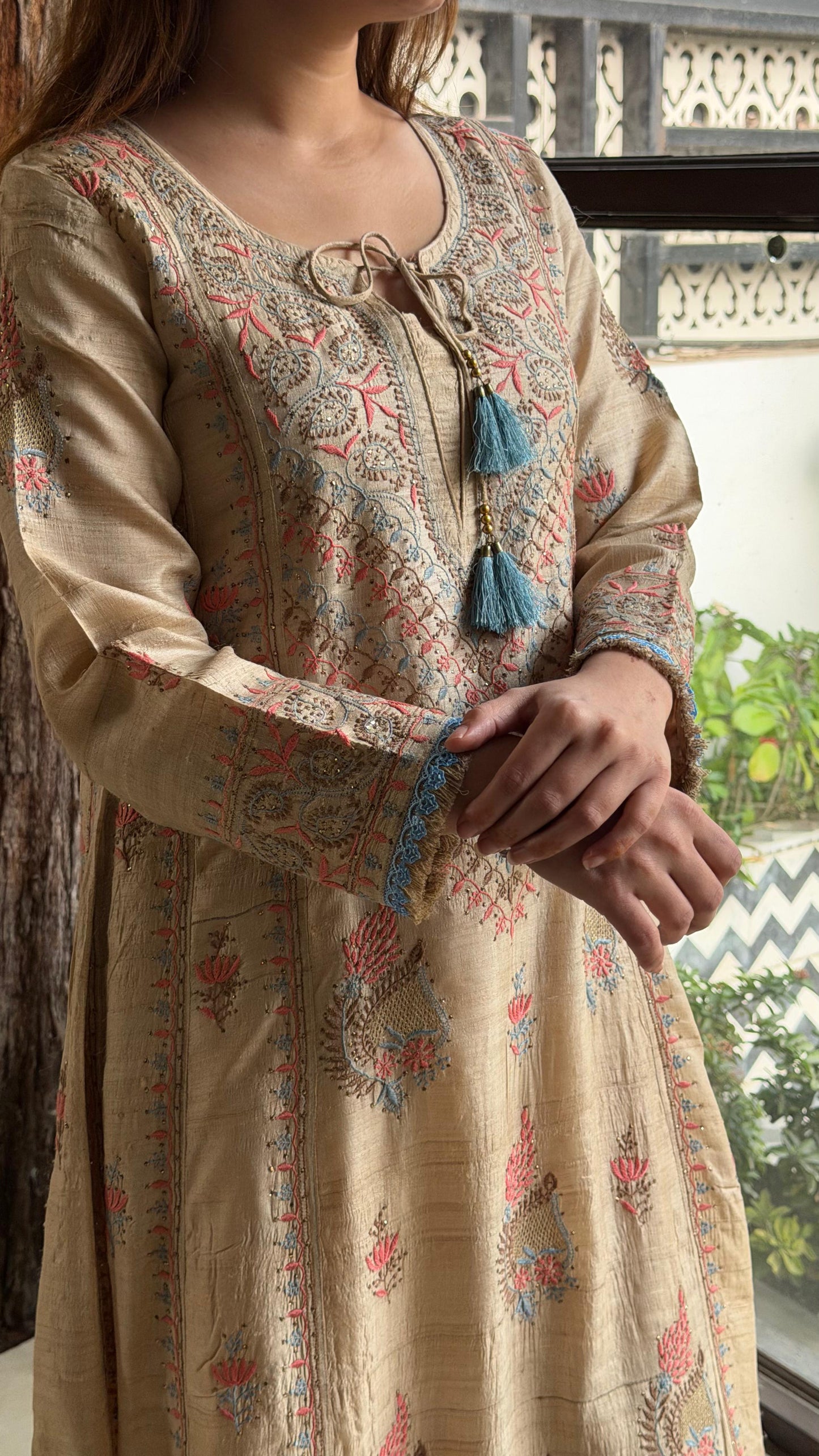 Basak Blue & Peach Natural Tussar Silk Kalidar Chikankari Kurta Set