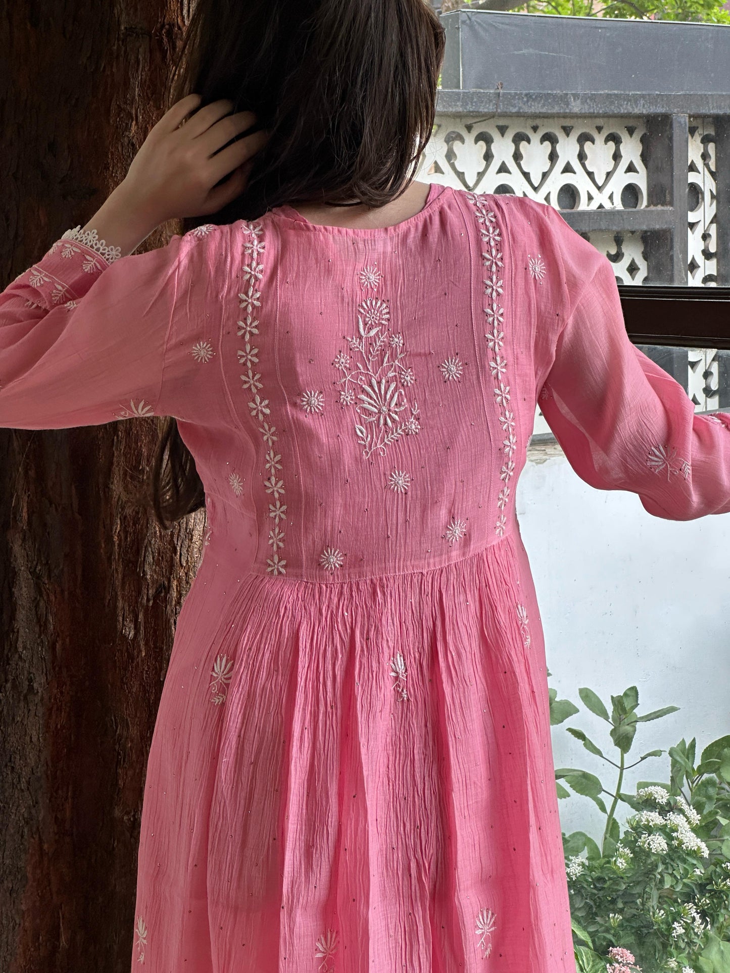 Pink Shade Malmal Mukaish Kamdani Chikankari Kurta Set