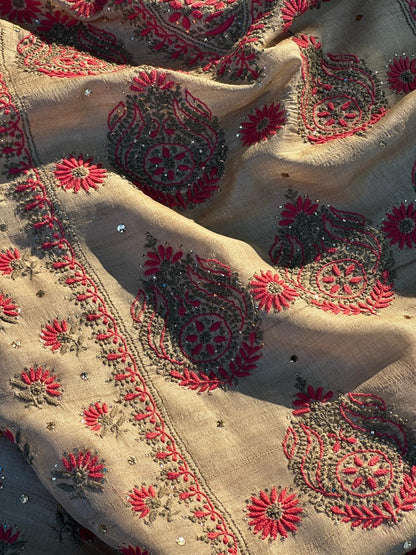 Natural Beige Shade Tussar Silk With Dual Thread Chikankari Fabric