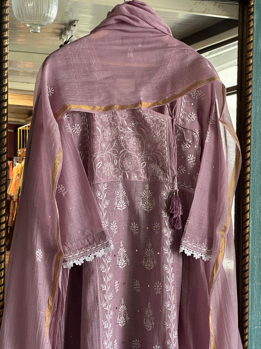 Lavender Shade Malmal Mukaish Kamdani Chikankari Kalidar Angarkha