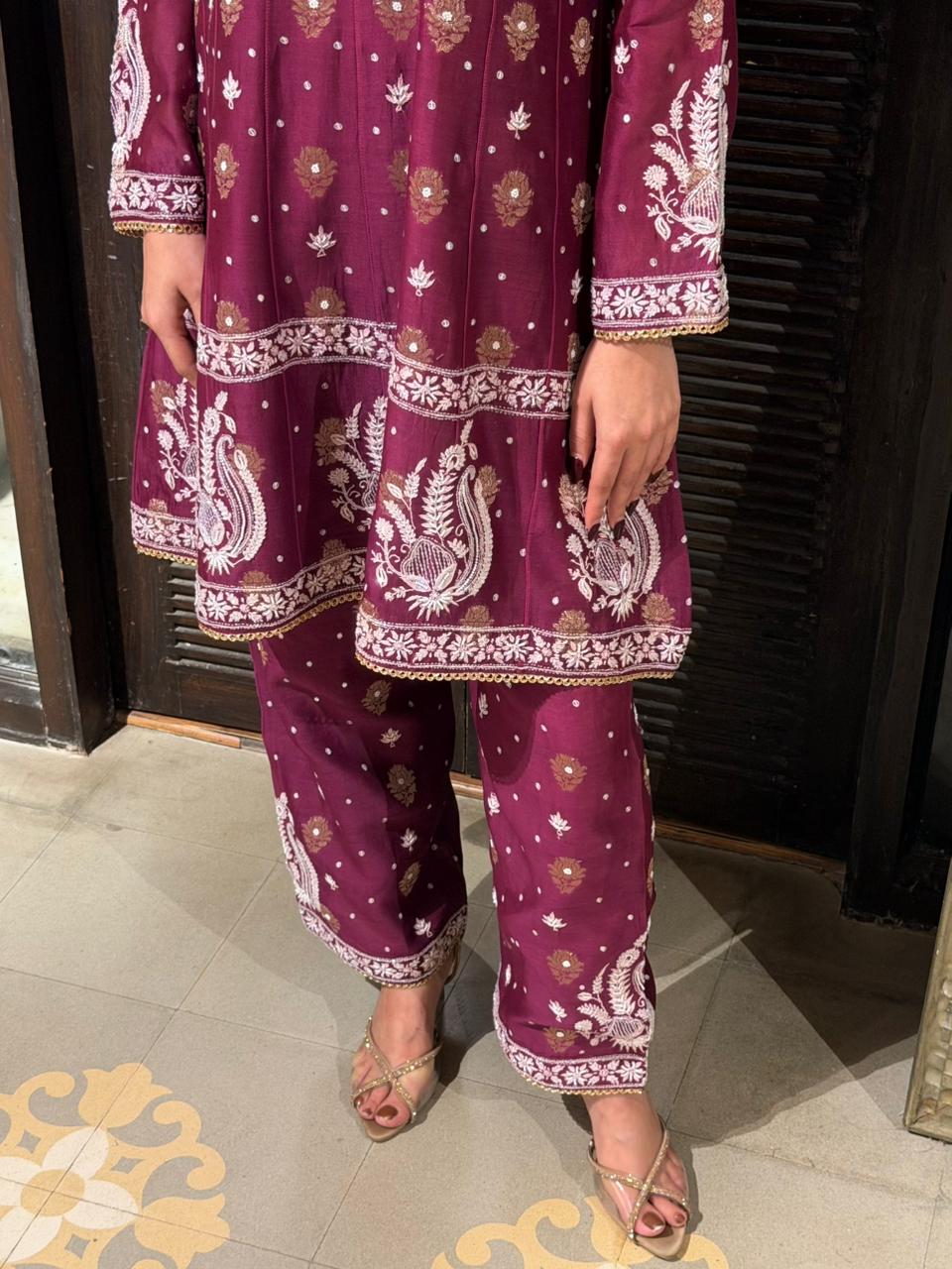 Plum Purple Zari Chanderi Chikankari Co-Ord Set