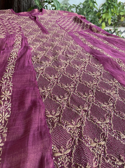 Solid Pink Shade | Tissue Silk Chikankari Jaali Work Kurta Set