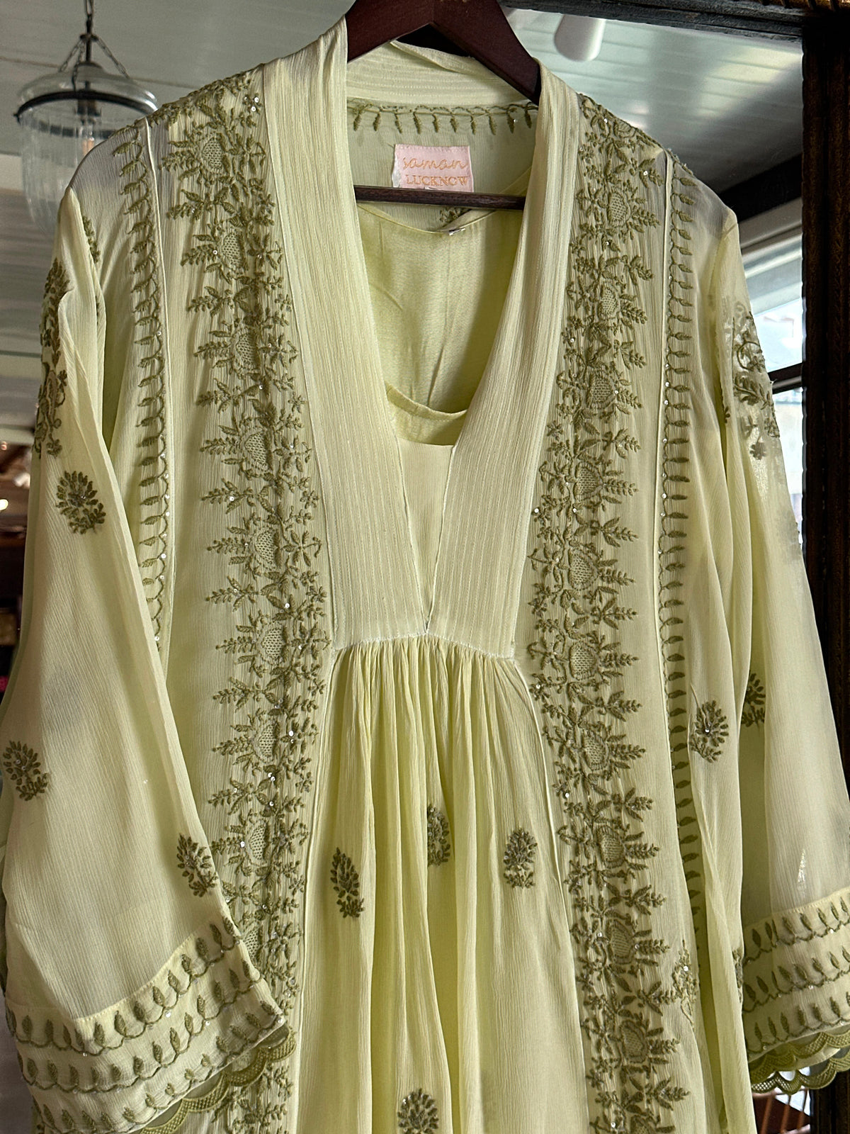 Pista Green Chiffon Chikankari Kurta with Lace Detailing