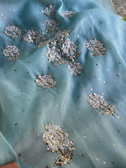 Blue Noor Organza Silk Mukaish Pearl Chikankari Unstitched Fabric