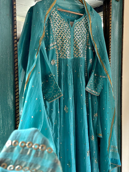 Sea Green Shade Mukaish Mul Chanderi Silk Dress