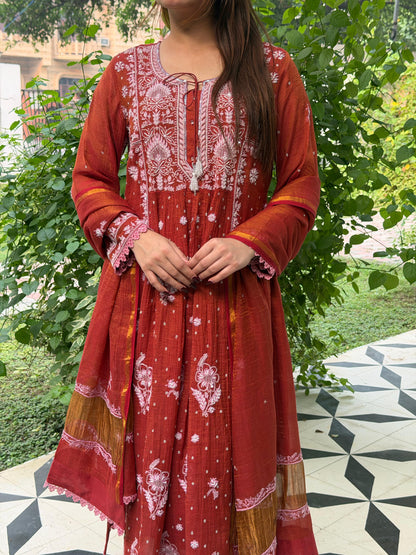 Rust Red Tissue Silk Chikankari Angarkha With Ari & Beads Work