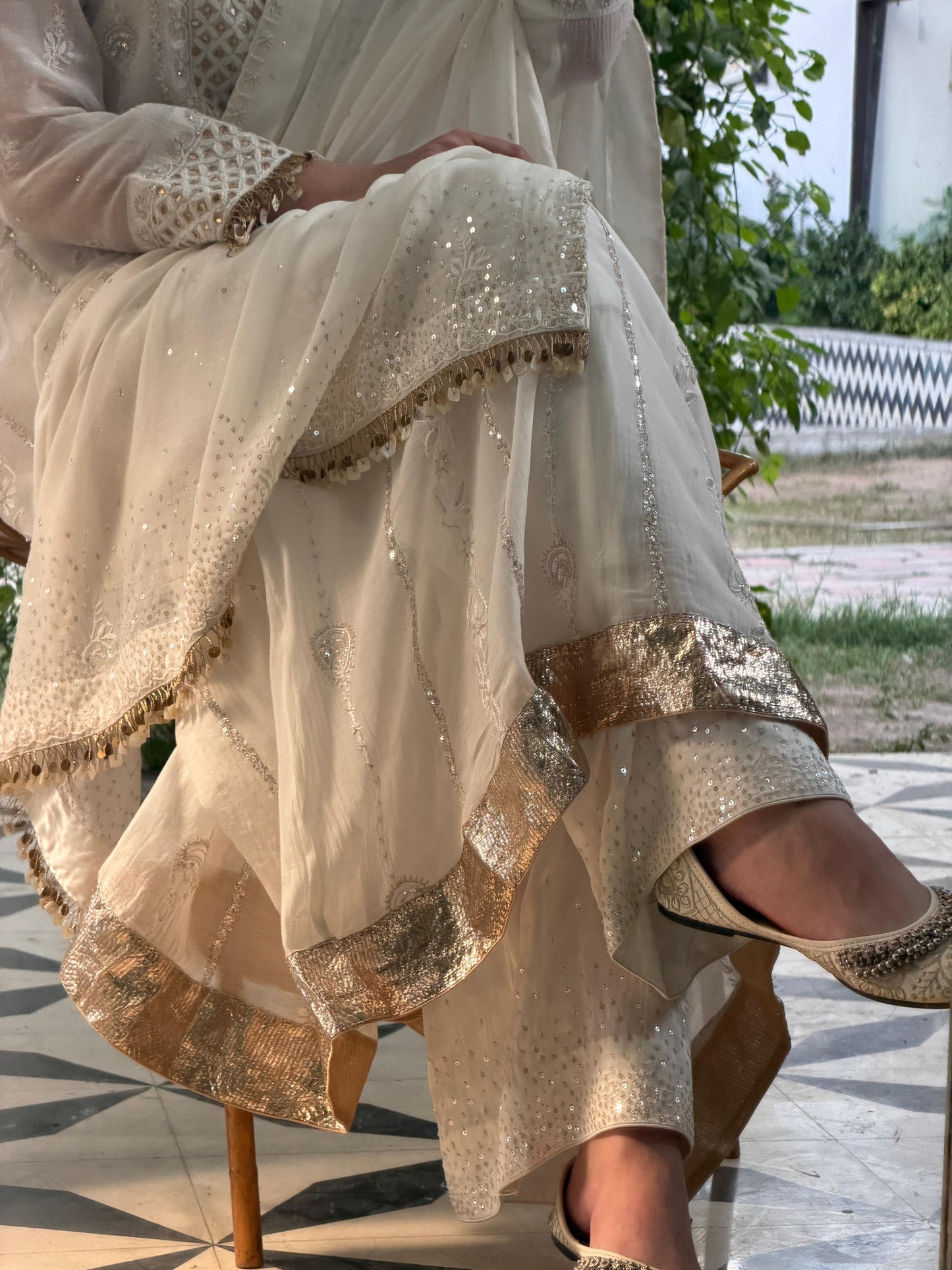 White Malmal Pearl Work Chikankari A Line Kalidar Kurta With Dupatta