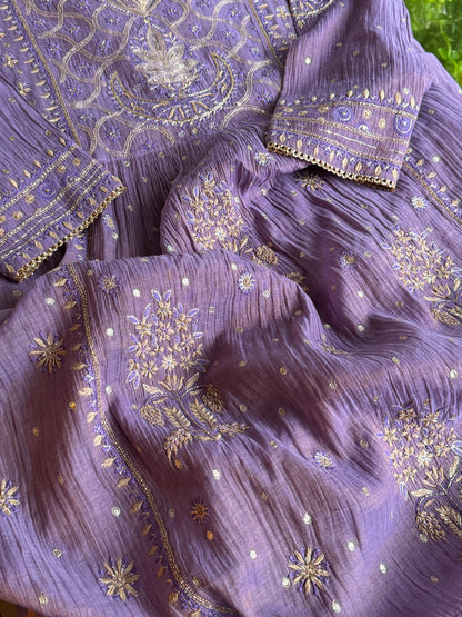 Lilac Purple Shade Tissue Silk Bhopali Kurta Dupatta Set