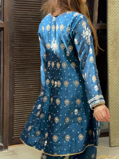 Navy Blue Zari Chanderi Chikankari Co-Ord Set