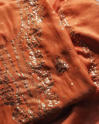 Orange Chanderi Silk Mukaish Badla Unstitched Fabrics