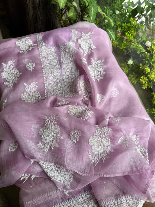 Lavender Pink Noor Organza Silk Chikankari Unstitched Kurta Dupatta Set