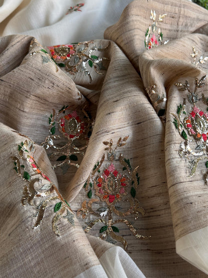 Off White Tussar Silk Gheecha Palla Kota Mukaish Resham Saree