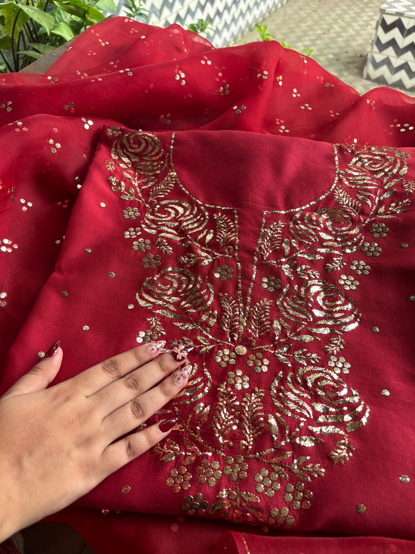 Berry Red Chanderi Silk Mukaish Badla Unstitched Fabrics