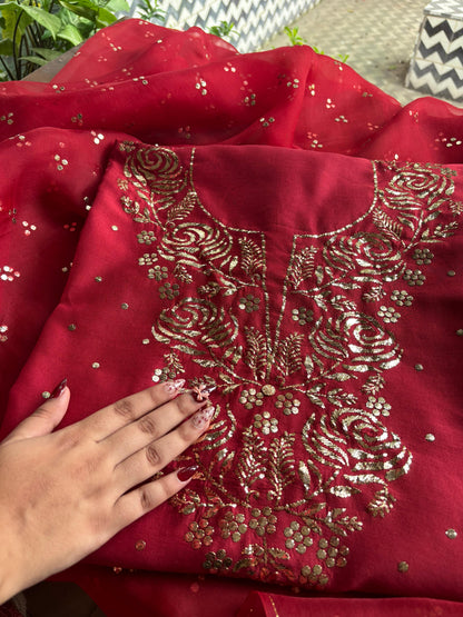 Berry Red Chanderi Silk Mukaish Badla Unstitched Fabrics