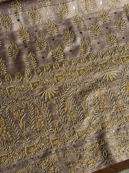 Beige Shade Roheen Tussar Silk Chikankari Fabric