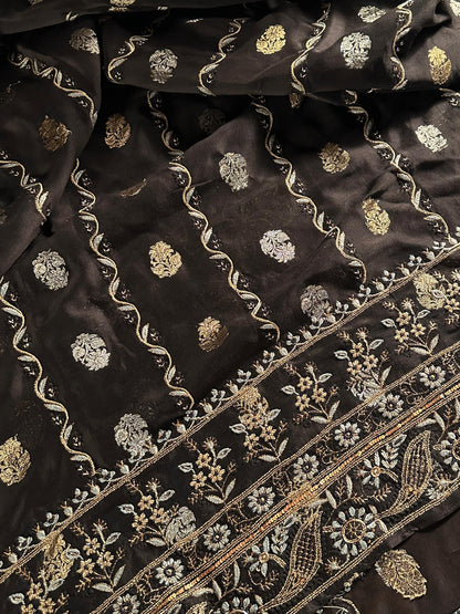 Black & Grey Banarasi Zari Chanderi Unstitched Chikankari Fabric