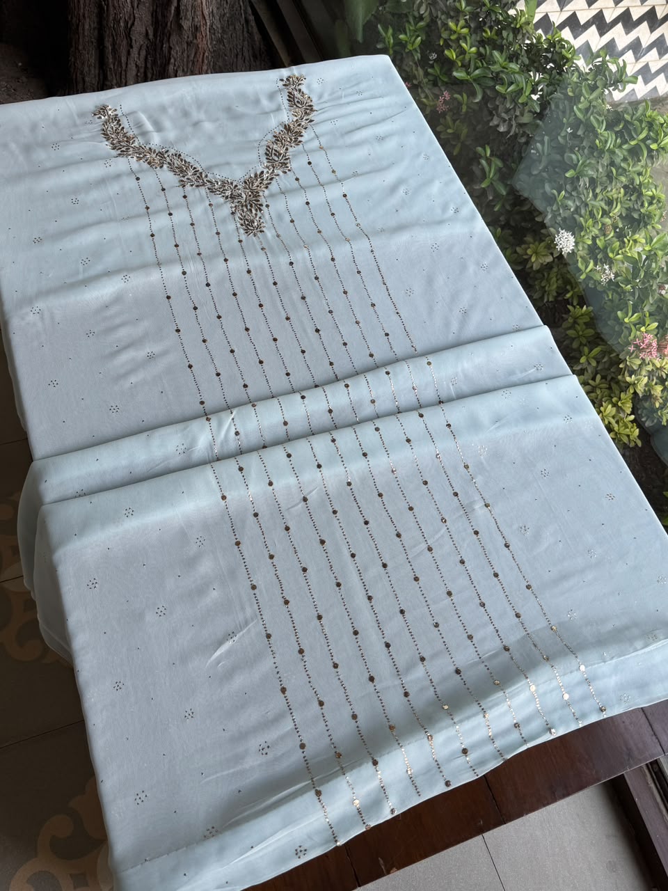Powder Blue Mukaish Badla Pure Georgette Kurta Set