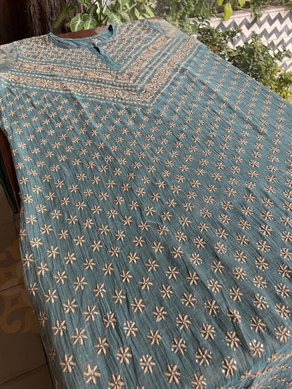 Grey Blue Shade | Tissue Silk Chikankari Work Kurta Set