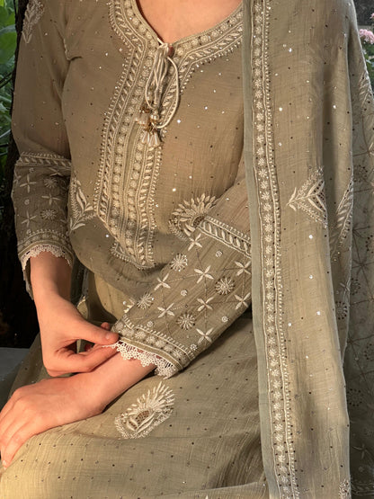 Grey Green Mulmul Pearl White Chikankari Kurta With Heavy Dupatta