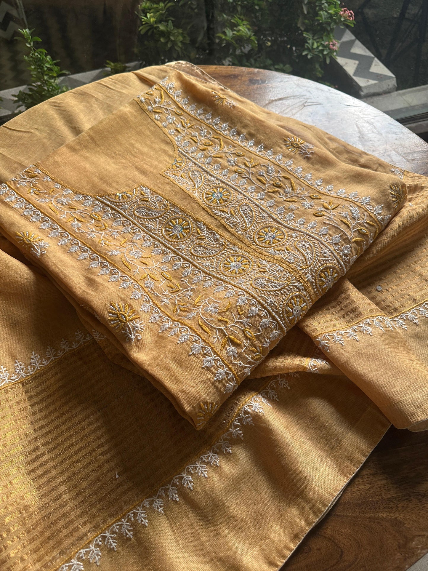 Yellow Tissue Silk Chikankari Unstitched Fabrics