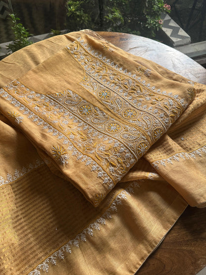 Yellow Tissue Silk Chikankari Unstitched Fabrics