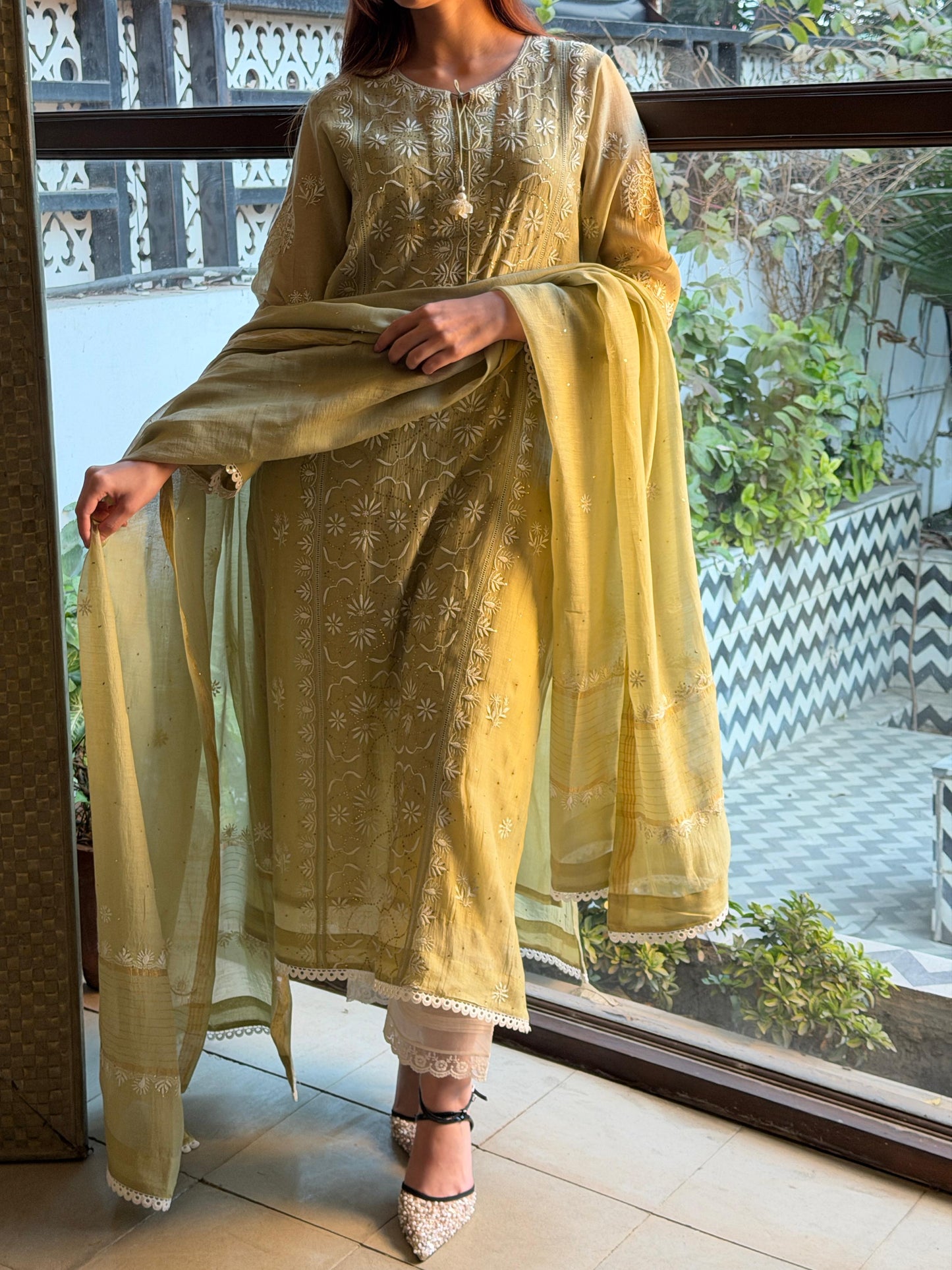 Olive Green Mul Chanderi Mukaish Kamdani Chikankari Stitched Kurta Dupatta Set
