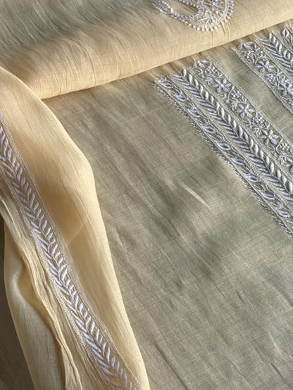 Yellow Mulmul Chikankari Unstitched Men's Kurtas Fabric