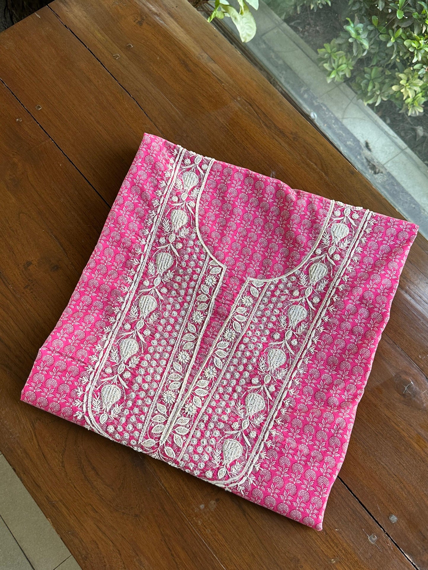 Pink Floral Cotton Kurta Fabric with Chikankari & Sequin Work