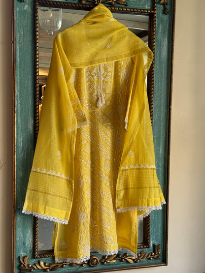 Yellow Mulmul Pearl White Chikankari Ready to Wear Kurta Set