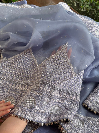 Noor Mauve Blue Chikankari Saree With Blouse