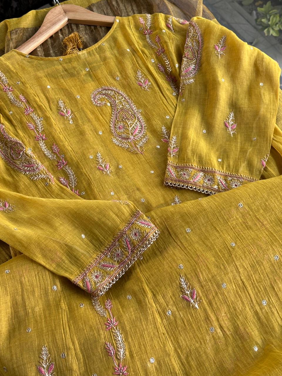 Yellow Shade Tissue Silk Chikankari Anarkali With Ari Work
