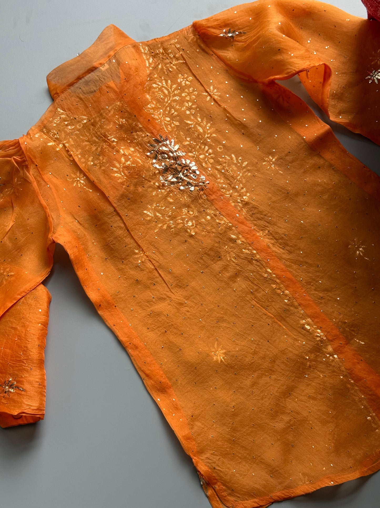 Orange Noor Organza Mukaish Badla Short Top With Bow Tie