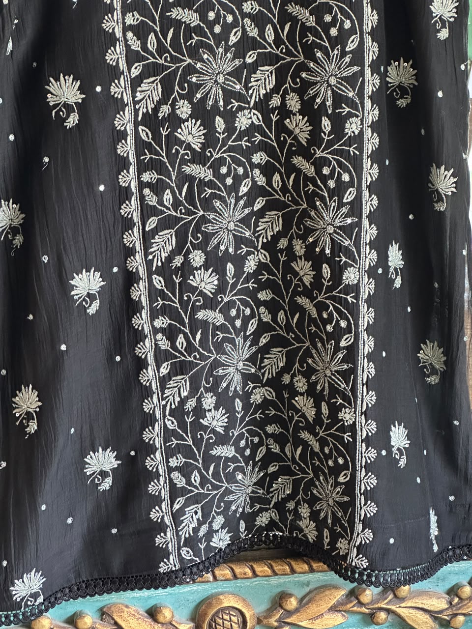 Black Mul Chanderi Chikankari Kurta Set with Pearl & Sequin Work