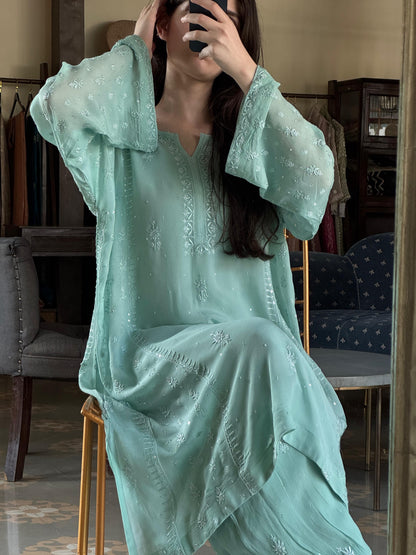 Pastel Sea Green Chiffon Kurta with Afghani Salwar – Fine Chikankari Work