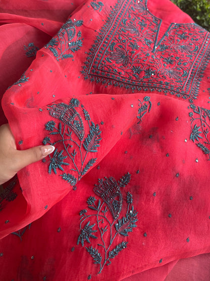Watermelon Red Shade Noor Organza Silk Chikankari Unstitched Kurta Dupatta Set
