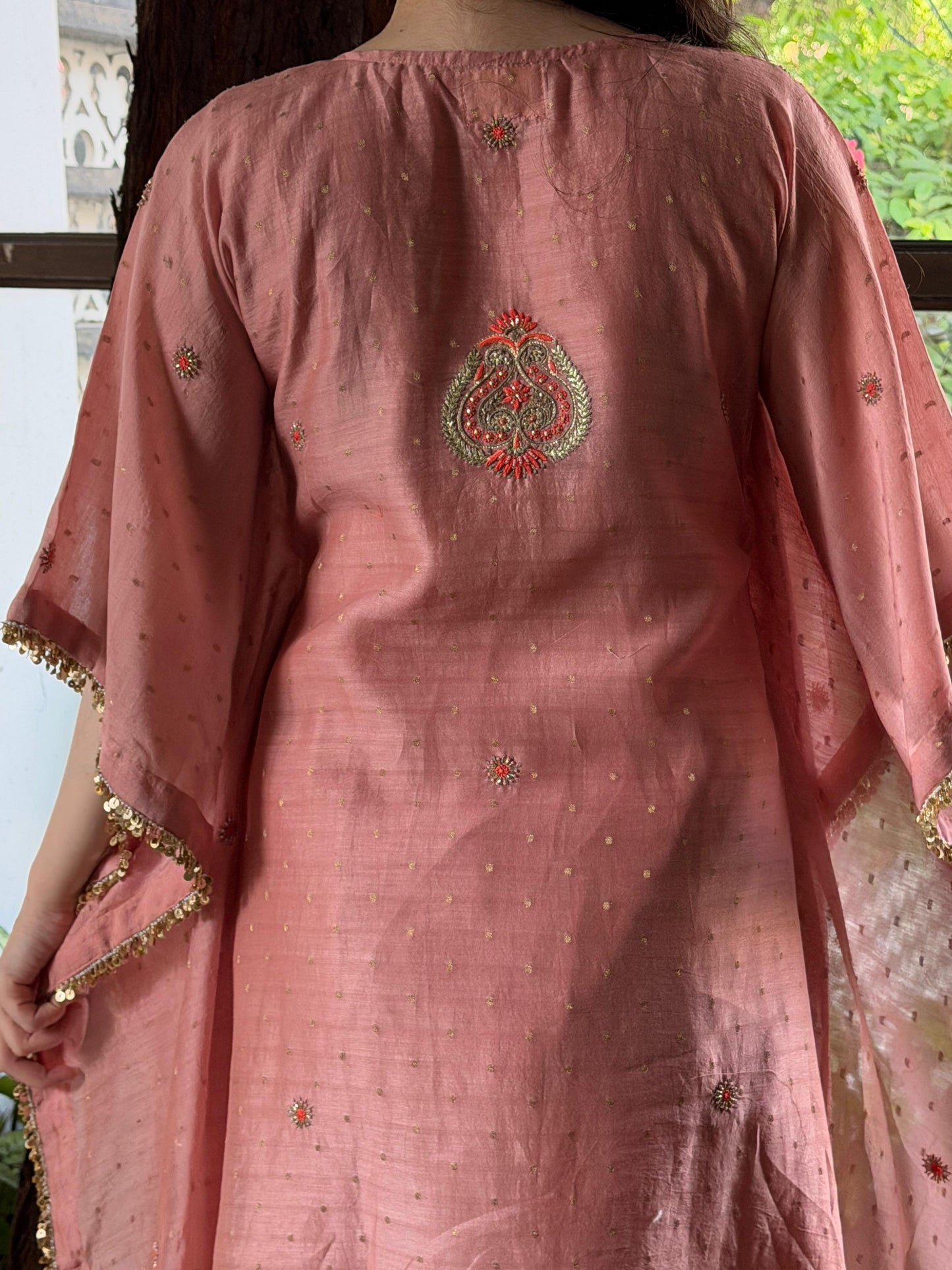 Peach Shade Zari Chanderi Chikankari Kaftan
