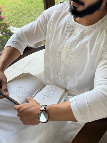 White Fine Chikankari Men's Cotton Kurta