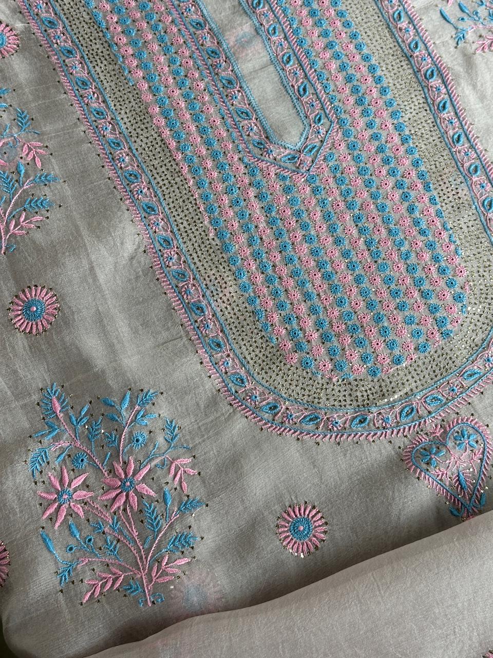 Dusty Lilac Multi Shade Organza Silk Chikankari Unstitched Fabric