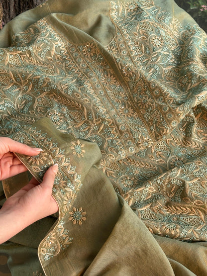 Cement Green Multi Shade Tissue Silk Chikankari Unstitched Fabric