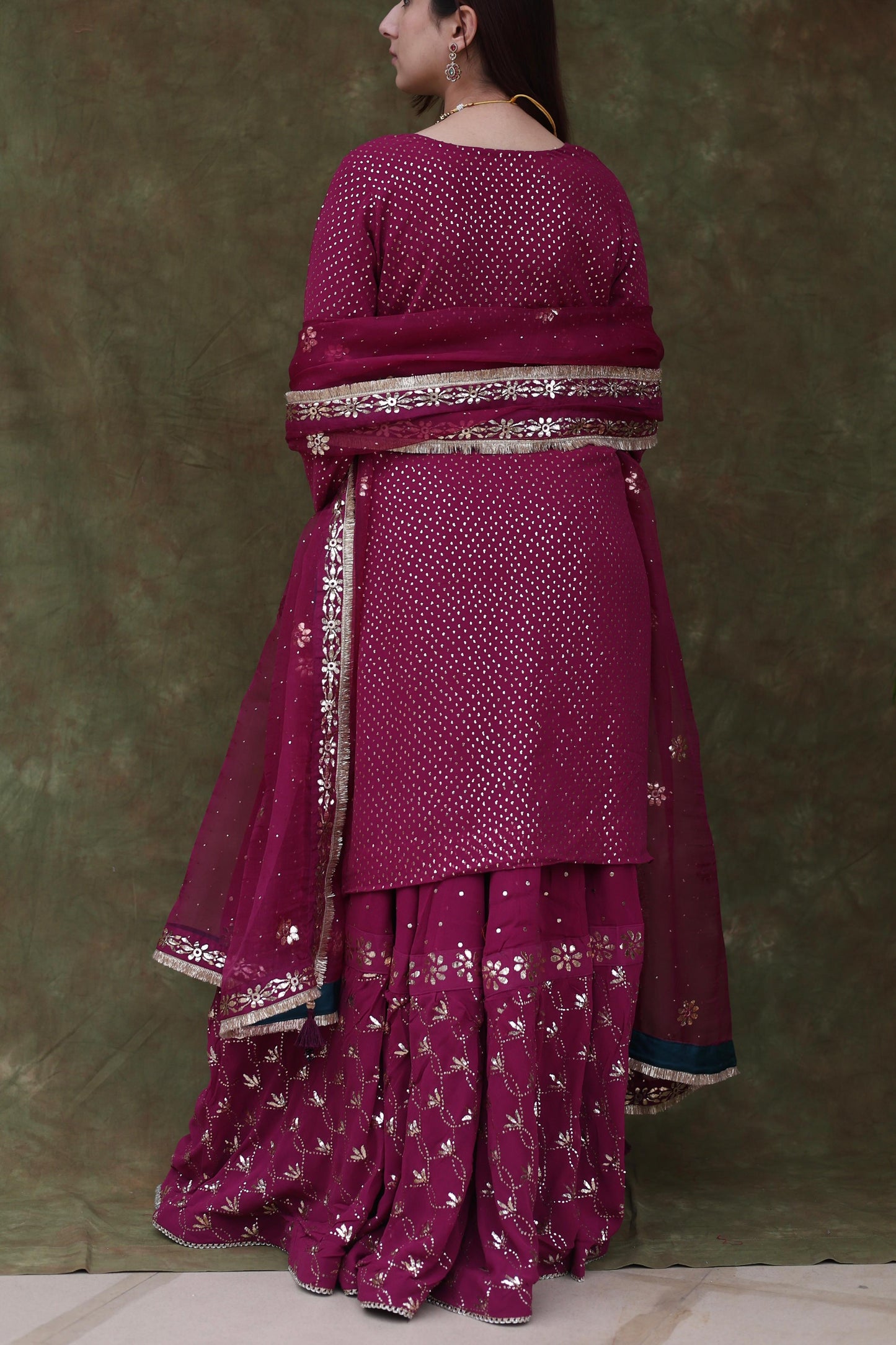 Mukaish Kamdani Plum shade Pure Georgette Kurta Gharara Set with Organza Dupatta
