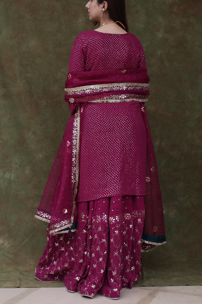 Mukaish Kamdani Plum shade Pure Georgette Kurta Gharara Set with Organza Dupatta