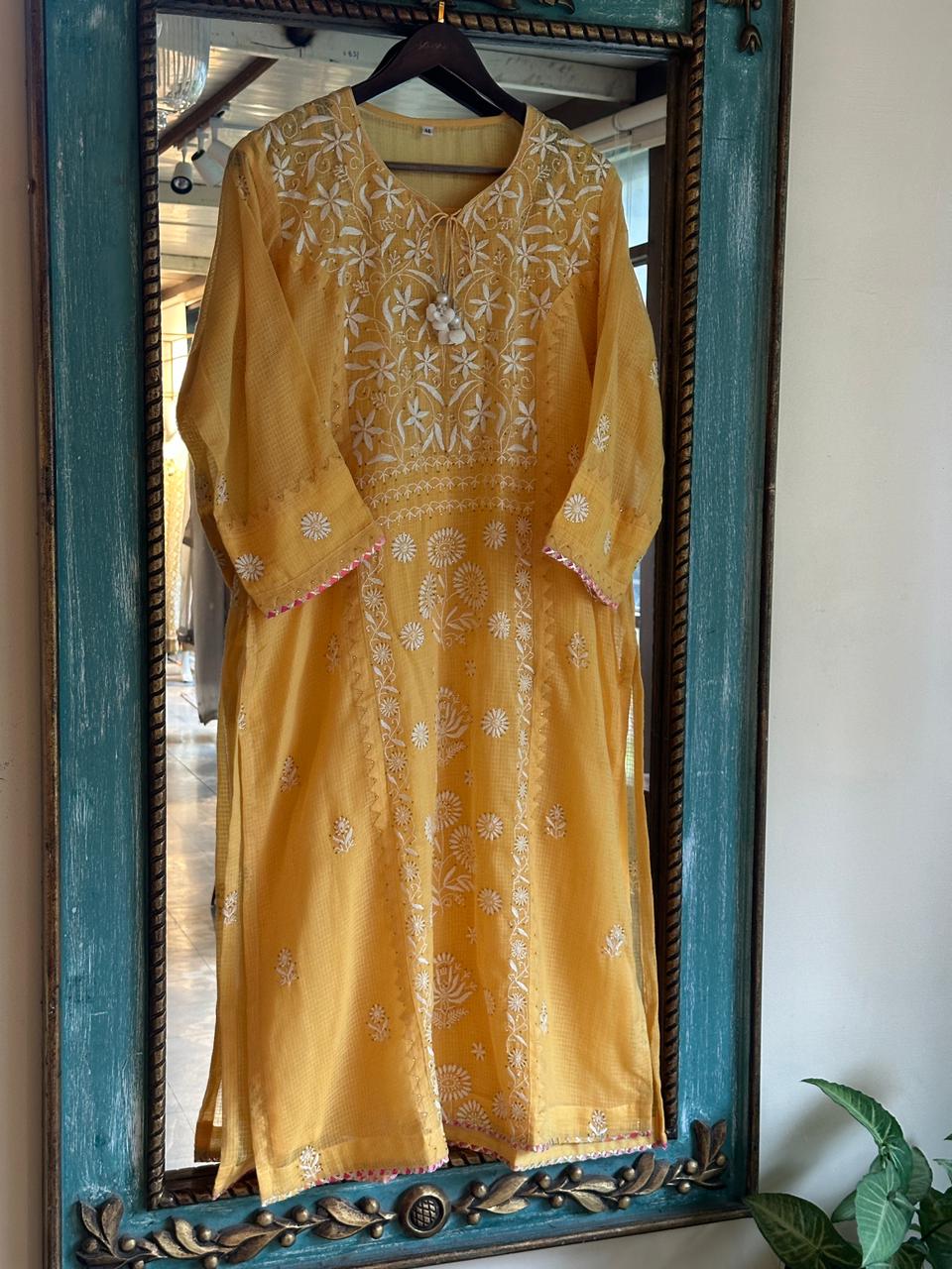 Mustard Yellow Shade Kota Applique Chikankari Kurta Dupatta Set