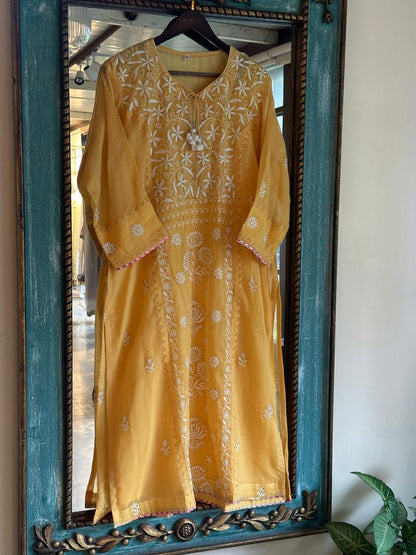 Mustard Yellow Shade Kota Applique Chikankari Kurta Dupatta Set